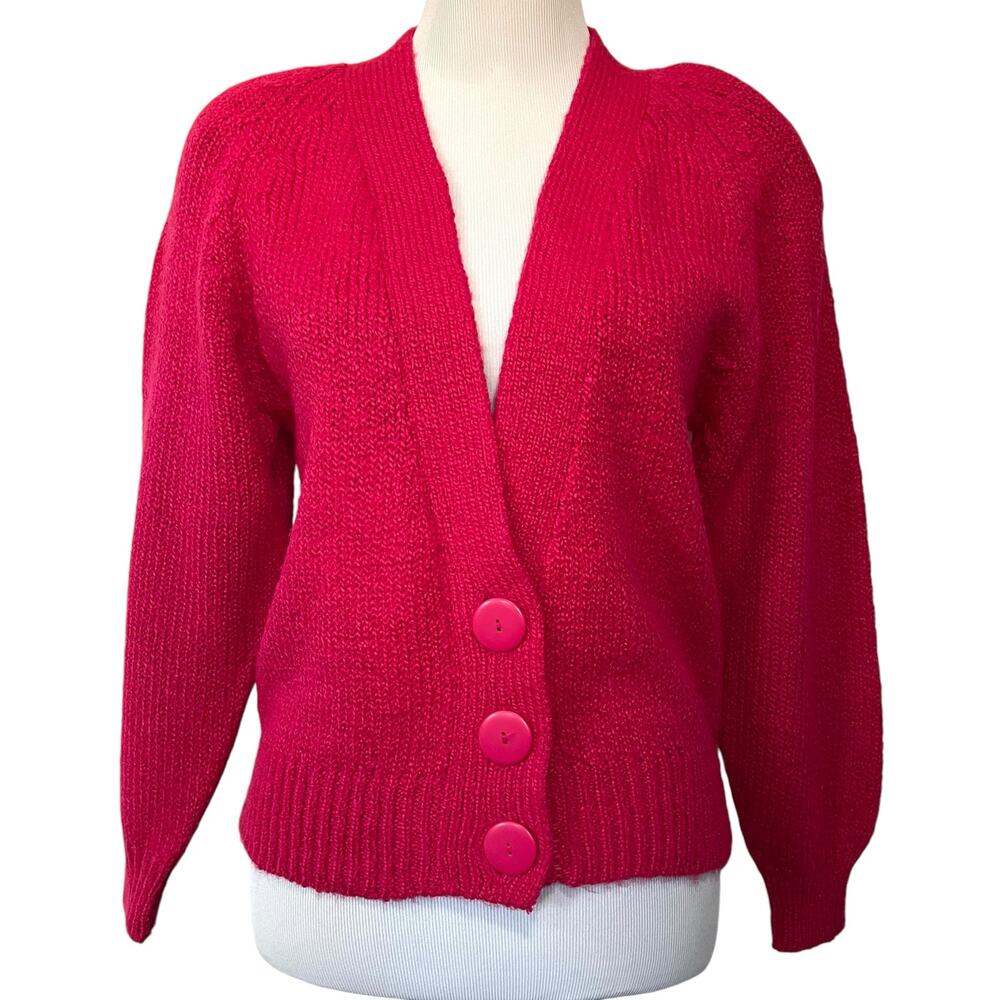 Women’s Vintage 80s 90s Cardigan Sweater Bright Pink V-Neck 3-Button Size Small